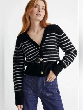 &Other Stories Cardigan Cropped Mohair Wool Blend Nautical Black White Striped L